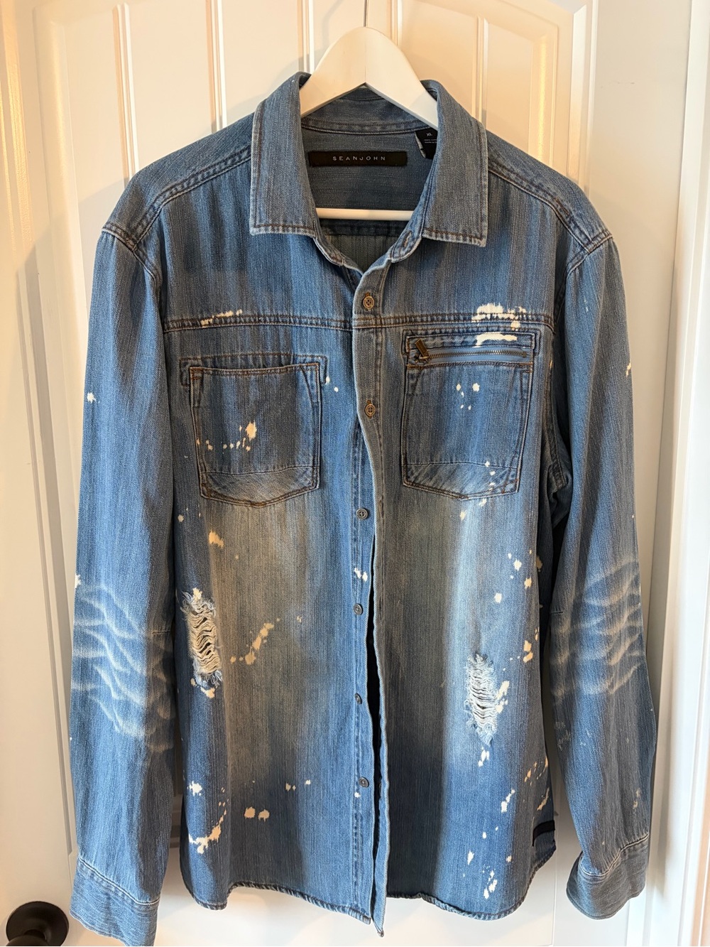 Sean John Blue Distressed Denim Shirt Jacket with Paint Accents